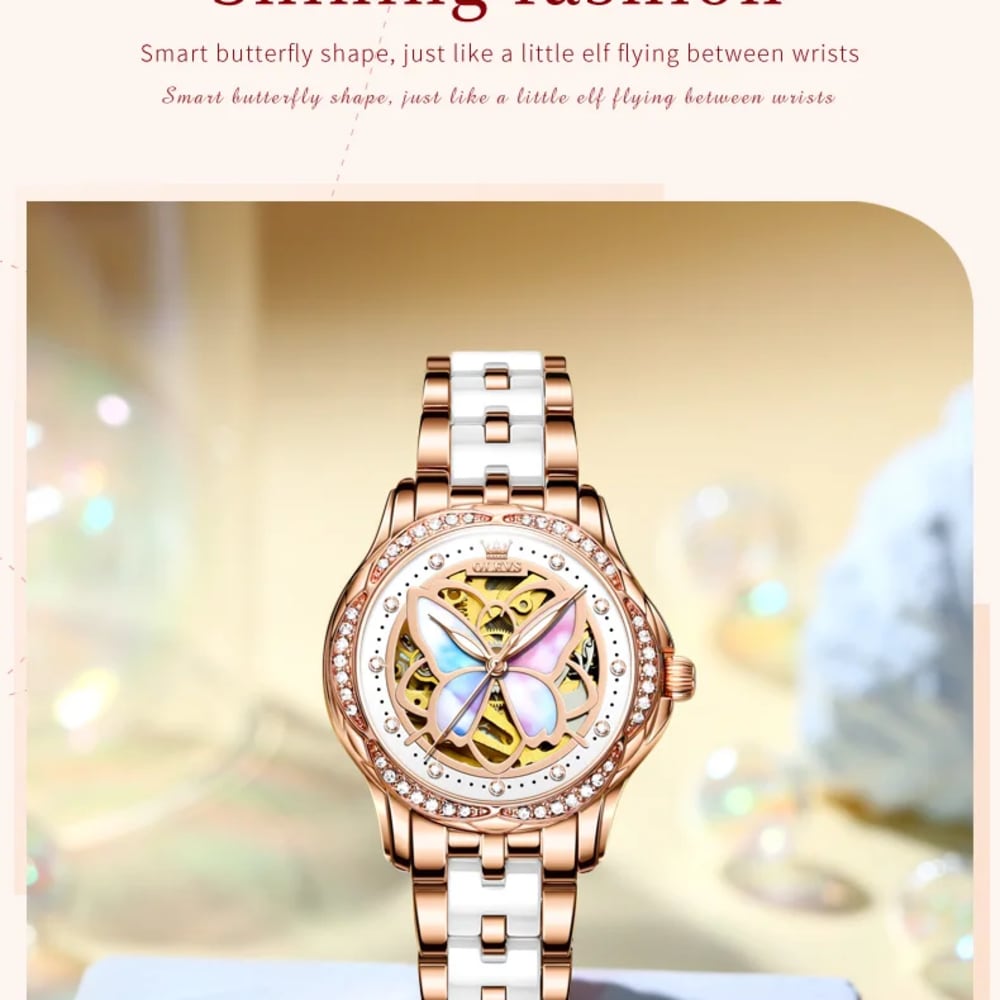 OLEVS  Rose Gold Elegant Butterfly Mechanical Watch for Women